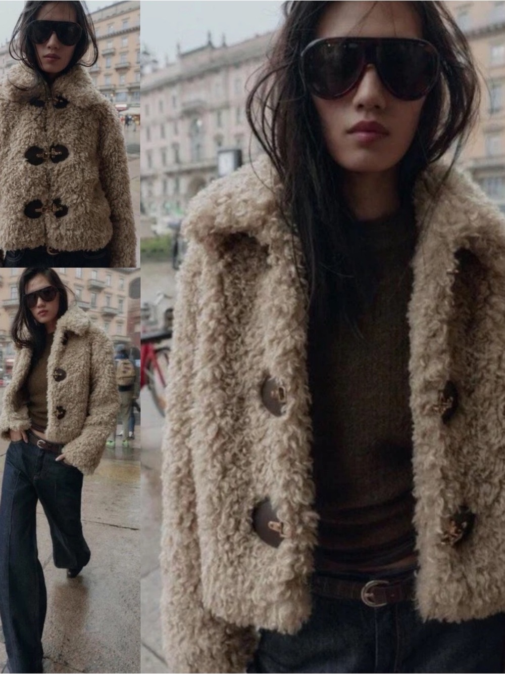 NWT Zara Faux Fur Jacket Teddy Coat with fireman clasps in taupe brown XS